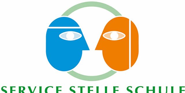 Logo der Servicestelle Schule der Wiener Gebietskrankenkasse. Zwei schematisch dargestellte Köpfe blicken sich an.