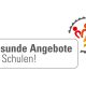 Das Logo des Projektes „Gesunde Angebote für Schulen!" in grauer Schrift und Figuren in Orangetönen