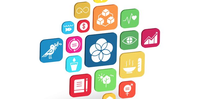 Ein Logo mit vielen bunten Icons, die Gesundheitsthemen symbolisieren