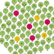 Grafik mit vielen grünen Smileys, dazwischen gelbe und rote Smileys, die unglücklich sind.