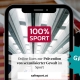 Eine Smartphone vor verschwommenem Hintergrund ist zu sehen. Auf dem Bildschirm steht: "100 % Sport. Online Kurs zur Prävention von sexualisierter Gewalt im Sport. Gratis!"