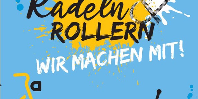 Ein Tretroller und ein Fahrrad auf einem Plakat mit der Aufschrift „Radeln & Rollern. Wir machen mit!“