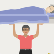 Cover der Broschüre: Illustration, eine Frau hebt ein Bett mit einer pflegebedürftigen Person hoch